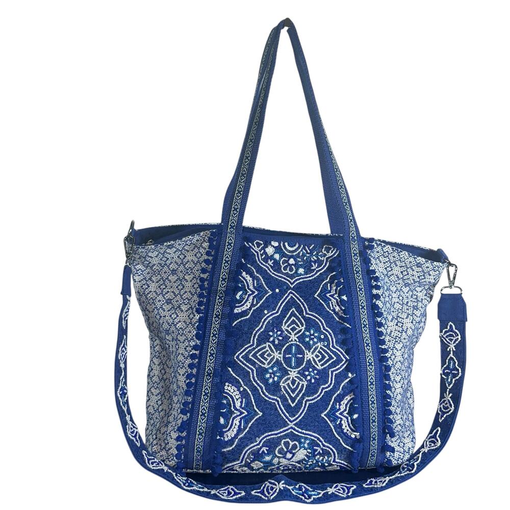 Large Tote Bag Shoulder Bag Beautiful Blue & White Beaded Embellishments